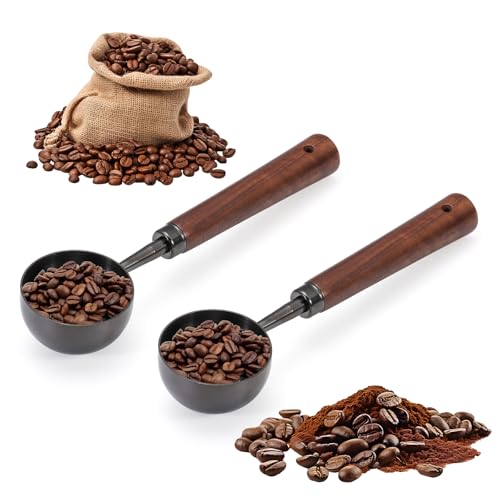 Vintage Coffee Scoop 10g/30ml Capacity 2pcs Retro 304 Stainless Steel Coffee Measuring Spoon Walnut Wooden Handle Coffee Scoop Kitchen Utensil for Measuring Scooping Tea Coffee Spices (Long Handle)
