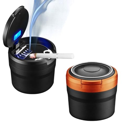 Geoyien Cenicero Coche con Tapa, Luz LED Totalmente Automática, Sellada, Resistente a Altas Temperaturas, Desmontable, Gran Capacida (Negro + Naranja)