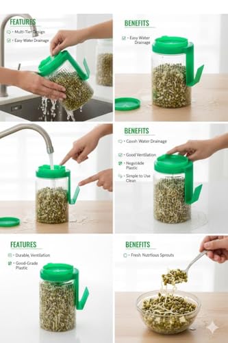 Image of KESI ORNAMENTS Sprouts Maker Jar - Durable & Reusable Sprouter for All Seeds and Beans, BPA-Free with Mesh Lid for Airflow, Odor-Free, Easy Drainage, and Hygienic Design - Green