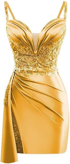 V Neck Satin Homecoming Dresses Mermaid Lace Short Porm Dress Ple...