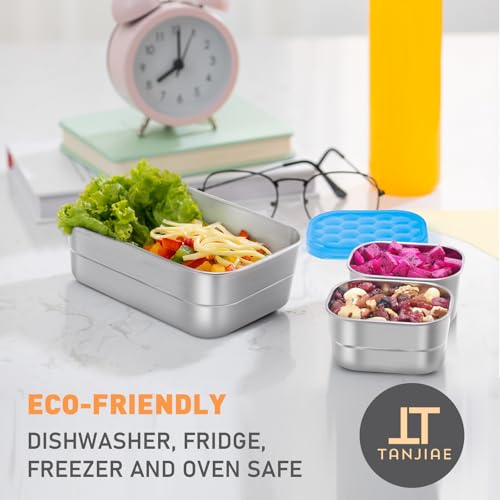 Image of Tanjiae Stainless Steel Lunch Snack Containers Set | Leak Proof 304 Stainless Steel Food Containers with Silicone Lids - Perfect Metal Lunch Box for School and Daycare (Blue Lunch, Medium)
