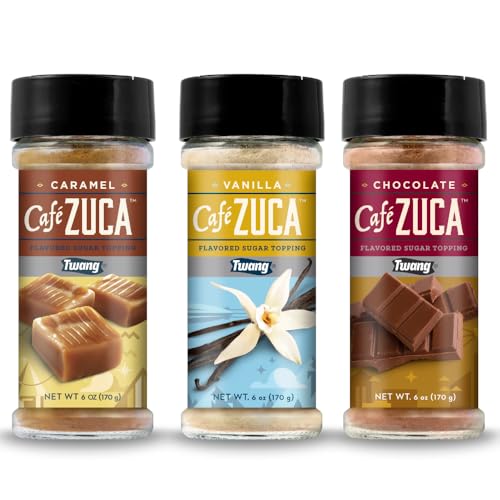 Cafe Zuca Gift Set - Gourmet Topping Shaker Trio for Coffee, Cocoa, Desserts & Baking - Perfect for Gifts & DIY Drink Bars (Chocolate, Caramel & Vanilla)