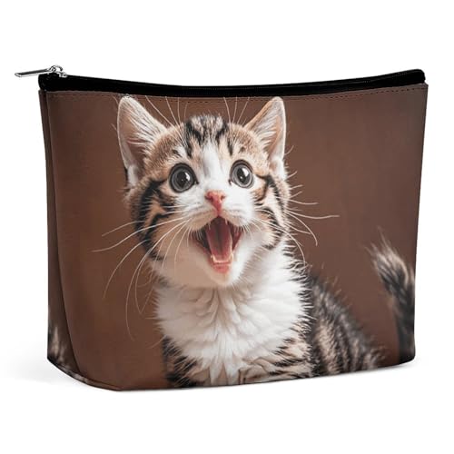 Bolsa de cosméticos pequeña, Elegante y espaciosa, con diseño de Gatito Feliz, Bolsa de Maquillaje portátil con Cremallera, Bolsa para lápiz Labial, Bolsa de Aseo de Viaje para Regalo de Mejor Amigo.
