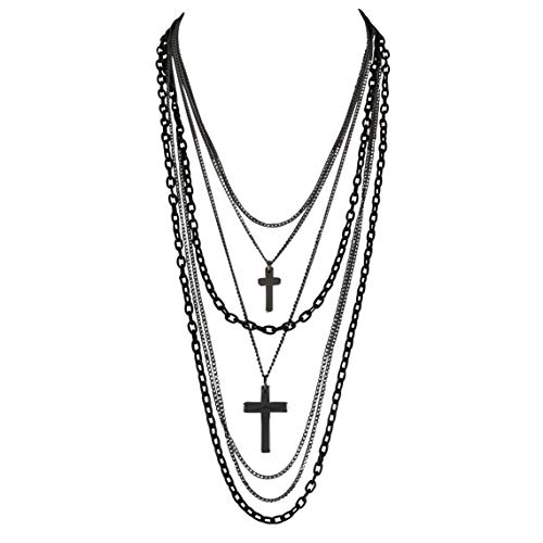 Deluxe Gothic Crosses Retro 80 Madonna Multilayer Black & Gunmetal Chain Long Multi Strand Necklace