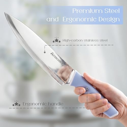 Image of Astercook Kitchen Knife Set with Block and Sharpener 15 Piece German High Carbon Stainless Steel Knives Sharp Blade Dishwasher Safe Deba Knives with Ergonomic Handle, Delicate Blue