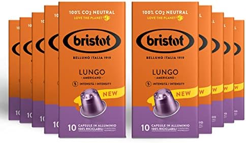 Bristot, langer Amerikanischer Kaffee – 100 Nespresso-kompatible Kapseln | Mischung aus Mittelamerika und Brasilien, mit Noten von Kokosnuss und Tabak. 10x10 Aluminium-Kapseln