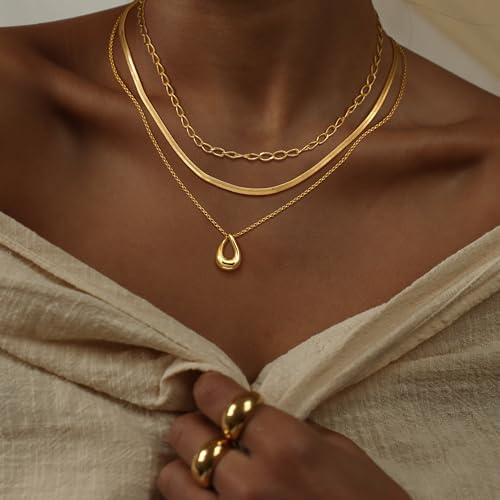 Layered Gold Necklaces for Women, 3Pcs Dainty 14k Gold/Silver Plated Herringbone Choker Set, Trendy Stack Simple Chain Layering Pendant Jewelry2