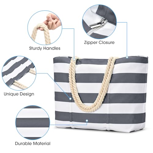 Becokan Beach Bag Large Waterproof Sandproof Canvas Beach Tote Bag with Zipper Swim Pool Bag Travel Essentials3