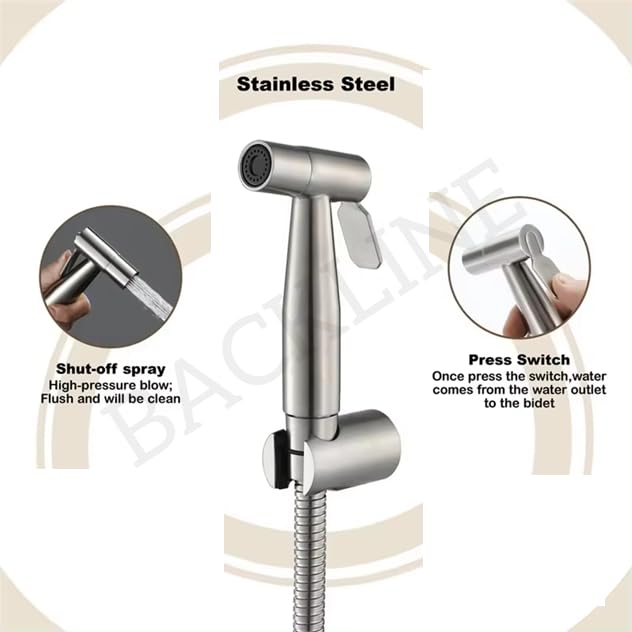 Image of Backline Jet Spray for Toilet Stainless Steel 304 Heavy Grade | Health Faucet Without Hose Pipe and Wall Hook | Bathroom Bidet Spray Jet Spray for Toilets, 1pc Gun Only (Brushed Finish)