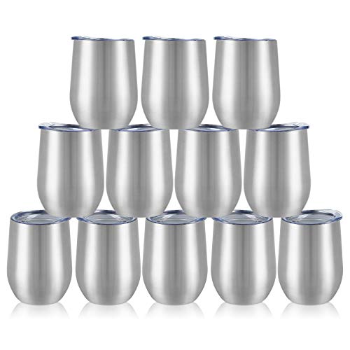 12 Pack Stainless Steel Wine Tumblers, 12Oz Double Wall Vacuum Insulated Wine Tumblers with Lids and Straws, Stainless Steel Stemless Wine Glasses for Coffee, Wine, Cocktails, Champaign, Silver