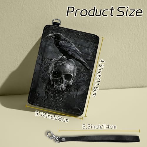 Small Travel Wallets, Crow Skull Slim Minimalist Front Pocket Wallet with Wristlet, RFID Blocking PU Leather Credit Card Holder with ID Window Change Purse for Men Women2