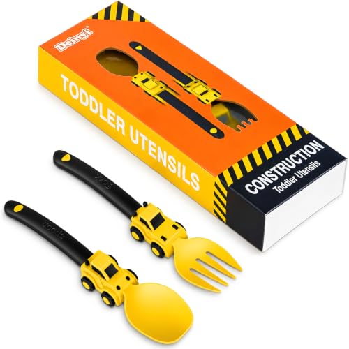 Deinyi Construction Toddler Fork and Spoon Set Baby Self Feeding Utensils with Easy Grip Silicone Handles Kids Tableware for 1 2 3 4 5 Year Old Halloween Christmas Birthday Gifts Yellow