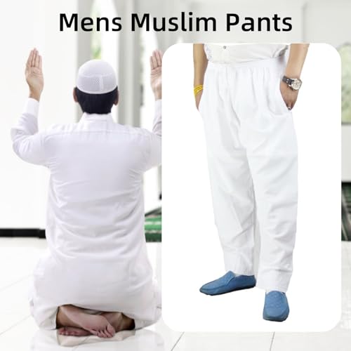 GLOGLOW Men's Prayer Pants, Breathable Polyester Cotton Loose Fit Elastic Waistband Afghan Pajama Trousers for Muslim Prayer Home Travel Casual Wear (L) White2