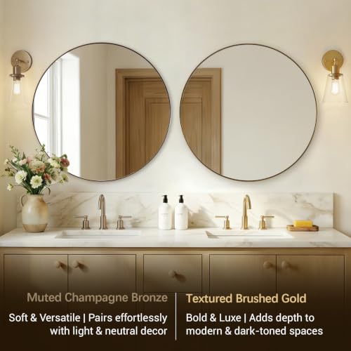 Image of ANDY STAR Champagne Bronze Vanity Mirror, 32 inch Round Mirror for Bathroom | Modern Circle Mirrors in 1 inch Rustproof Stainless Steel Frame, Wall Mounted for Bathroom Sink, Home Decor, Entryway