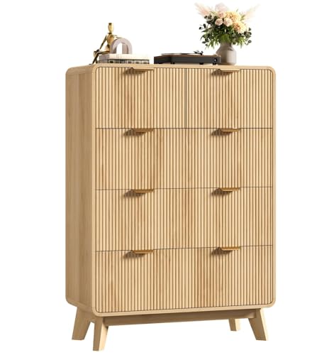 Image of QUW Fluted 5 Drawers Dresser for Bedroom, Modern 40.2 inch Tall Drawer Dressers with Metal Handle, Wooden Chest of Dresser for Living Room, Hallway, Solid Wood Legs, Curved Profile Design, Natural Oak