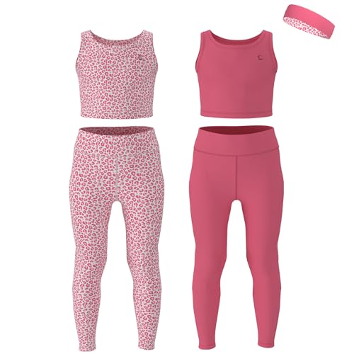 Girls Athletic Leggings Yoga Pants w/Sleeveless Crop Tank Tops for Kids Workout Cheer Dance Run Sizes 3-16, 5pc Set