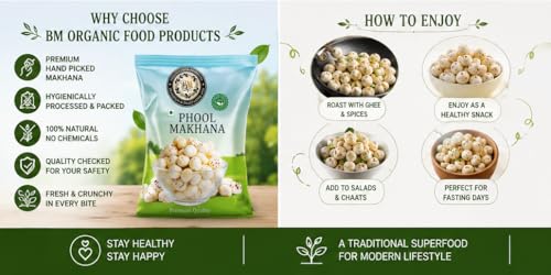 Image of BM ORGANIC FOOD PRODUCTS Phool Makhana 250g | Premium Hand-Picked Fox Nuts | Natural Lotus Seeds | Healthy Roasted Snack | High Fiber & Protein Rich | Gluten Free Makhana