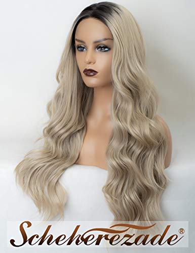 Wavy Ombre Ash Blonde Lace Front Wig for Women 2 Tone Long Ashy or Dirty Blonde Synthetic Wigs with Dark Roots, Middle Part 22 Inches Glueless Ombre Long Natural Wavy Synthetic Lace Front Wigs