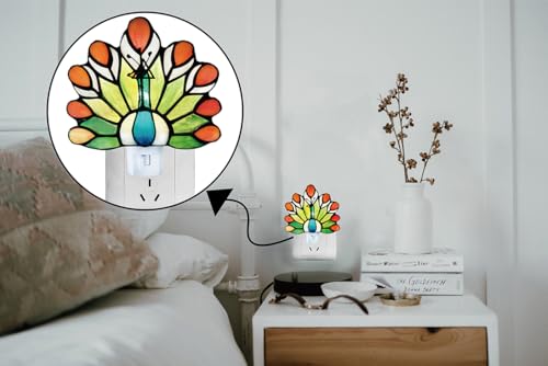 Image of Tiffany Stained Glass Peacock Night Light WKD1003 (Green、Orange) Tiffany Glass Night Light, Peacock Pattern, Stained