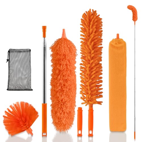 TAIANJI 7 Stücke Staubwedel Teleskop Waschbar Set, Mikrofaser Duster mit Teleskopstange Usziehbar bis 237cm, Staubwischer für Lücken Spinnweben Decke, Keine Leiter Erforderlich