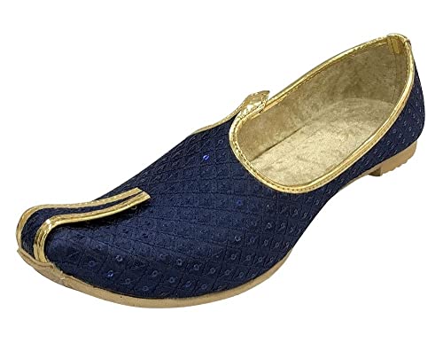 Stop n Style Men's Punjabi Jutti Blue Bridal Traditional Wedding Shoes Flat Mojari Khussa Handmade Ethnic Indian Juti