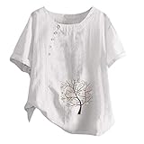 Women's Casual Fashion T-Shirt Comfort Linen Cotton Short Sleeve Tunics Elegant Vintage Floral Pullover Tops Blouse White