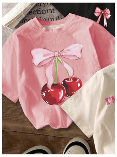 Girl's 3 Pack Bow T Shirt Cute Cherry Print Shirt Kids Short Sleeve Crew Neck Tee Tops3