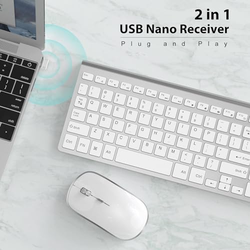 Image of J JOYACCESS Wireless Keyboard and Mouse, Slim Wireless Keyboard Mouse with Numeric Keypad Compatible with iMac Mac PC Laptop Tablet Computer Windows (Silver White)