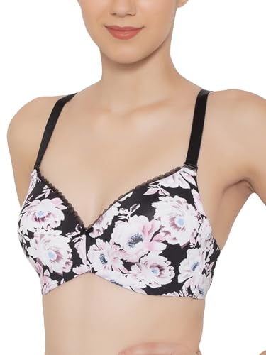 Image of Triumph Midnight Garden Bra for Women Padded Non Wired Seamless Bra Floral Printed T-Shirt Bra Wireless Full Coverage Lingerie Detachable Silky Straps with Elegant Lace Trim Pack of 1