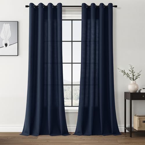 Image of Nanspring Navy Blue Linen Curtains 96 Inches Long for Living Room 2 Panel Set Grommet Light Filtering Semi Sheer Curtain Modern Country Farmhouse Decor Window Drapes for Bedroom Home Office 52x96
