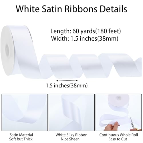 Image of woric White Satin Ribbon 1 1 /2 Inch 60 Yards Gift Ribbon for Bridesmaids Bouquets Bridal Wedding Sash Flowers Bouquet Chair Bows Graduation Back to School Decoration