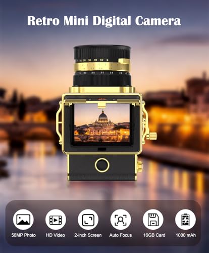 Image of Vintage Digital Camera, 64MP 2.7K Retro Point and Shoot Camera with Autofocus, 2 inch IPS Waist-Level Screen & 16GB TF Card, 16X Zoom Compact Photography Camera for Beginners Kids Black