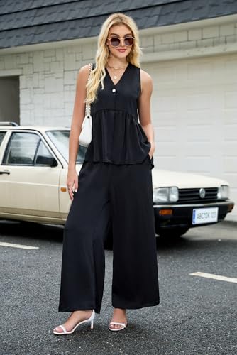 Pant Suits for Women Dressy 2 Piece Sets Summer Business Casual Outfits Sleeveless Vest and Wide Leg Pants2
