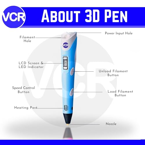 Image of VCR Blue 3D Pen with USB Power - Pack of 3 x 3 Meters in Length Filament Forward Button to start 3D Pen - Adjustable Temperature for 1.75mm PLA - Perfect Pen for DIY Craft with LCD Display
