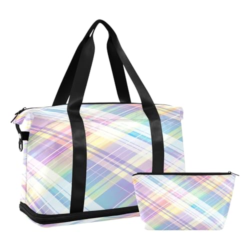 Rainbow Plaid Gym Bag for Women Sport Travel Duffel Bag Shoulder Weekender Overnight Bags with Wet Pocket & Shoe Compartment