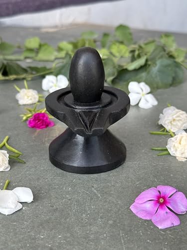 Image of Shivam VASTU AKAL 1.5 inch Original Narmadeshwar Narmada Shivling with 3 inch Narmada Stone Yoni Base Jaladhari (Black Shivling, Black Damtu Jaladhari)