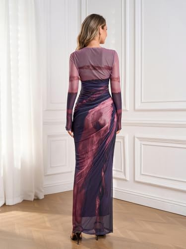 Floral Bodycon Maxi Dress Long Sleeve Mesh Ruched Formal Cocktail Dresses for Women 20253