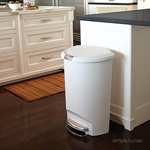 simplehuman CW1356 50L Semi-Round Kitchen Pedal Bin with Lid Lock, Silent Soft Close Lid, Strong Steel Pedal, Stay-Open Lid, Large Capacity, White Plastic