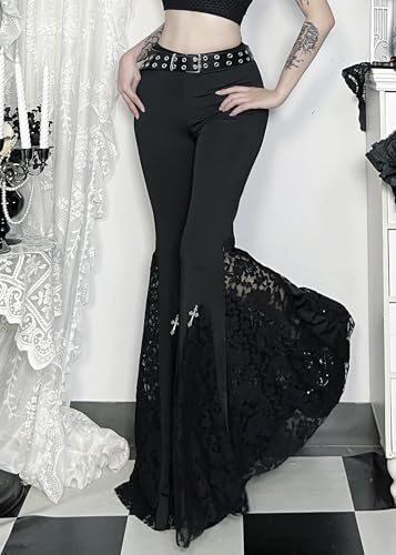 TSMNZMU Womens Gothic Pants Punk Midi Waist Grunge Trousers Flare Leg Y2K Emo Pants Lace Patchwork Pants with Chain4