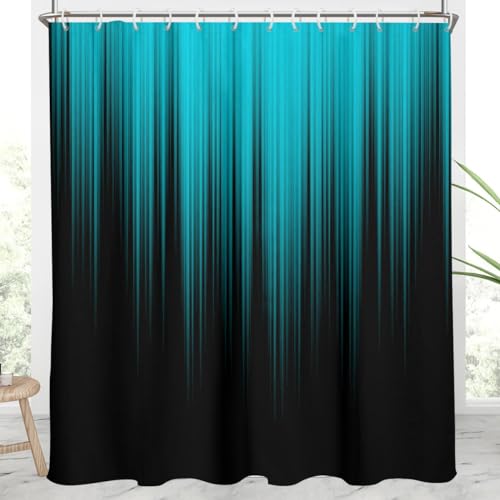 Image of AAtter Teal Black Ombre Shower Curtain, Extra Long 72x84 Inch, 12 Hooks | Turquoise Striped Polyester Fabric, Dark Modern Abstract Style, Cool Anime Design, Trendy Striped Bathroom Decor for Men