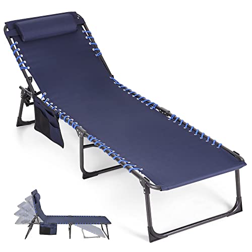 Alpha Camp Outdoor Folding Chaise Lounge Chair For Beach Lawn Pool Tanning Deck Camping, 5-Position Reclining Patio Chairs With Pillow, Navy Blue #TOP9