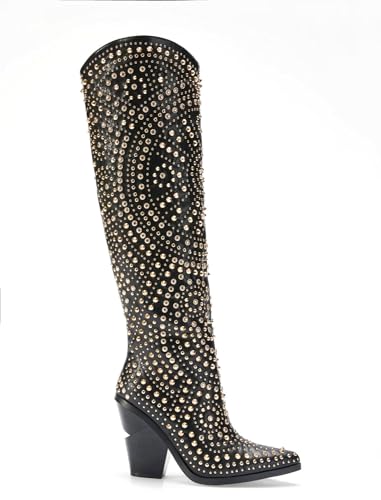 Women's Texas Studded Western Boot - Chunky Heel Cowgirl Knee-High Boot - Black, 72