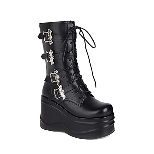 La Mejor Selección de Botas moteras - los más vendidos. 32 AORUIDA Botas A Media Pierna para Mujer Retro Cuero Plataforma de cuña Tacón Alto con Cordones Botas gótico Punk de Hebilla Motero Militar de Combate Botas,Black,44 EU