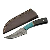 SANZ Damascus Hunting Knife 7 Inch - Trailing Point Fixed Blade Outdoor Knife with Resin Handle, Full Tang Blade & Sheath for Camping, Hunting & Outdoor uses for Men