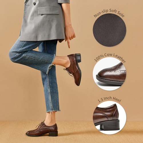 Image of BEAU TODAY Oxford Shoes for Women Leather Brogue Wingtips Dress Shoes | Calskin Upper,Pigkin Lining,Pigskin Insole,Rubber Outsole,Lightweight,Anti-slip,Wear-resistant,Breathable,Black