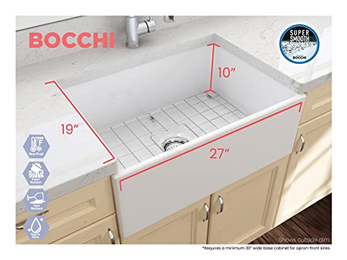 Bocchi Contempo Farmhouse Apron Front Fireclay 27 In. Single Bowl Kitchen Sink With Protective Bottom Grid And Strainer In White #TOP1