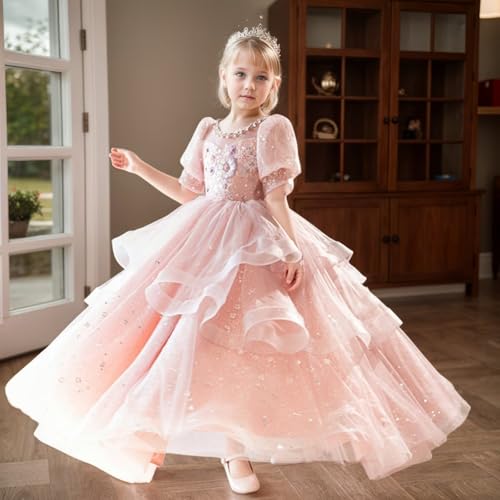 Girls A-line Tulle Prom Dress Sparkly Ball Gown with Puffy Sleeves Flower Girl Pageant Party Dresses, Size 2-142