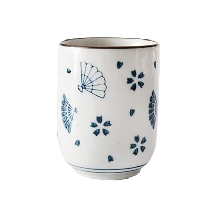 Caalio Japanese Retro Porcelain Tea Cups, for Matcha Coffee Hot Green Tea, Chinese Tea, Mino ware, Compact Cup, Diameter 2.3 inches x height 2.9 inches, 5fl oz/150ml - Folding Fan