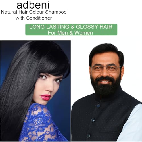 Image of Adbeni Natural Black Hair Color Shampoo with Conditioner for Men & Women | 5 Minute Grey Coverage | Ammonia Free, No Harsh PPD | Herbal Hair Dye Shampoo | 25ml x 2 Sachets