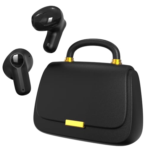 Image of ANCwear Black Wireless Ear Buds for Girls, Quiet Luxury Handbag Earbuds with Mini Purse Charging Case, DIY Stickers, Bluetooth 5.3, 22H Battery Life, Chic Gift Earbuds for Women Teens